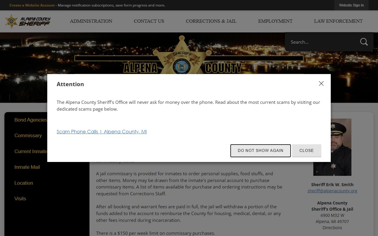 Alpena County Correctional Facility commissary deposits for Montmorency inmates