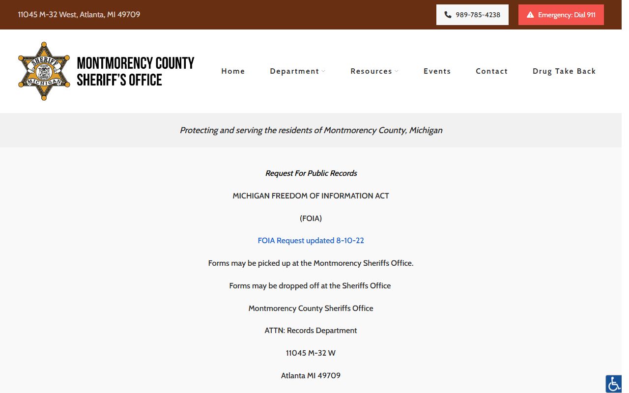 Montmorency County sheriff FOIA page for inmate booking records
